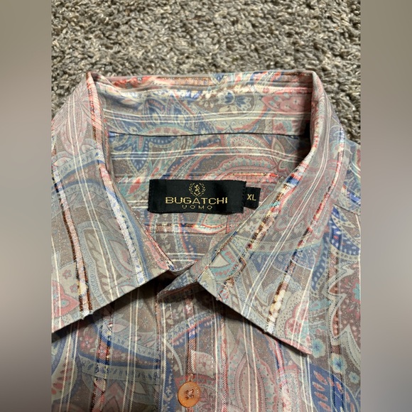 Bugatchi Uomo Shirt Mens XL Pastel Green Orange Paisley Floral Ruffle Botanical - Picture 7 of 12